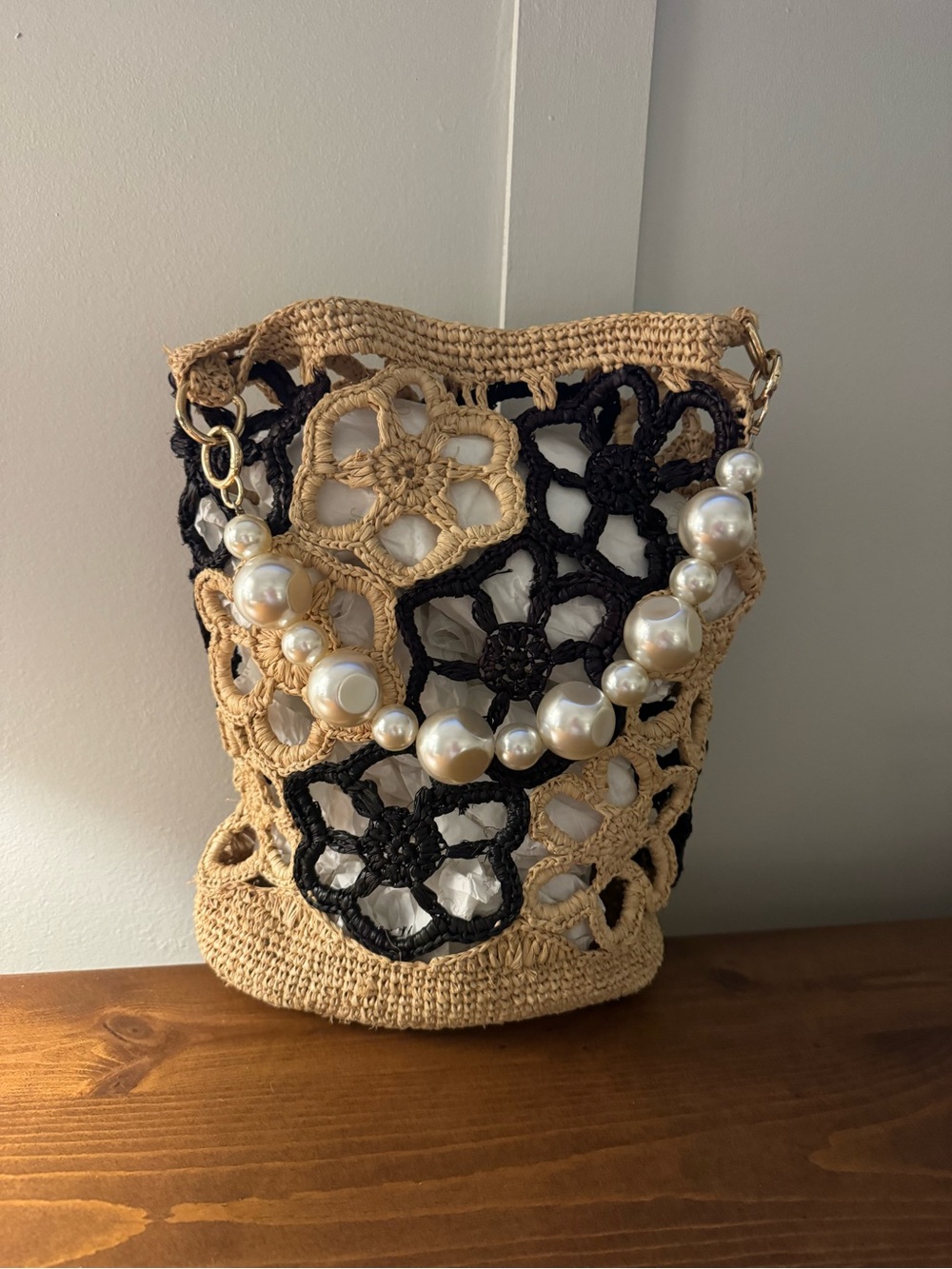 Beige & Black Crochet Floral Shoulder Bag with Pearl Handle